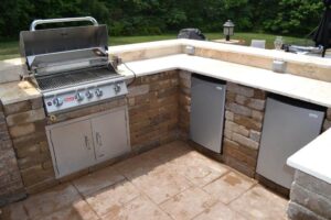 custom brick kitchen with footrail